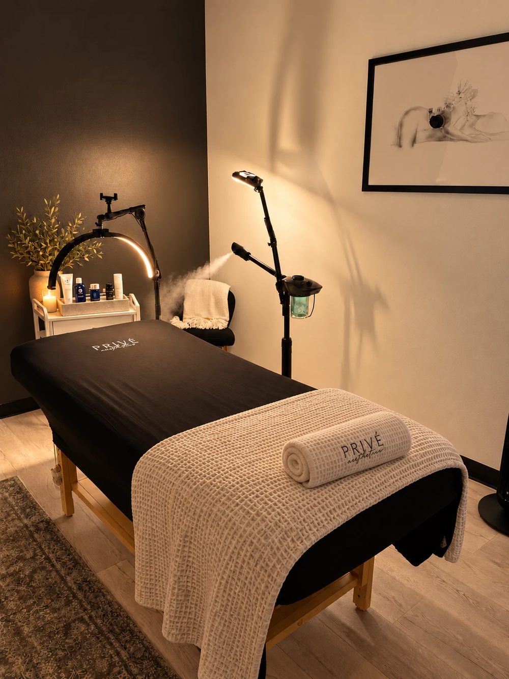The Privé Aesthetics facial treatment room: a treatment bed with a black Privé sheet and rolled towel, a ring light, a facial steamer and a tray of skincare products